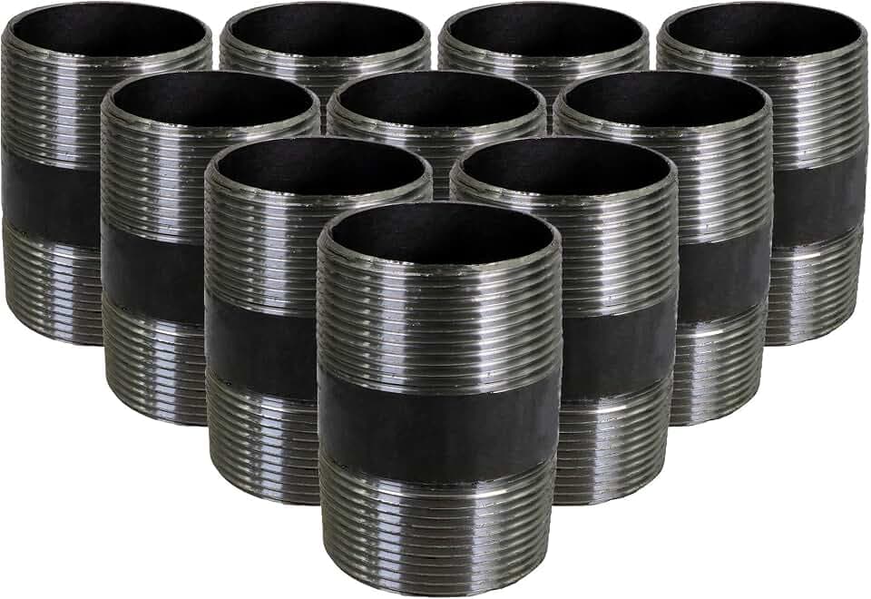 SupplyGiant 3/4 x 1.5 Inch Black Steel Pipe (10-Pack), Heavy Duty Industrial Malleable Iron Pipes, Pre Cut Threaded Nipple Great For All DIY Furniture And Black Pipe Shelving
