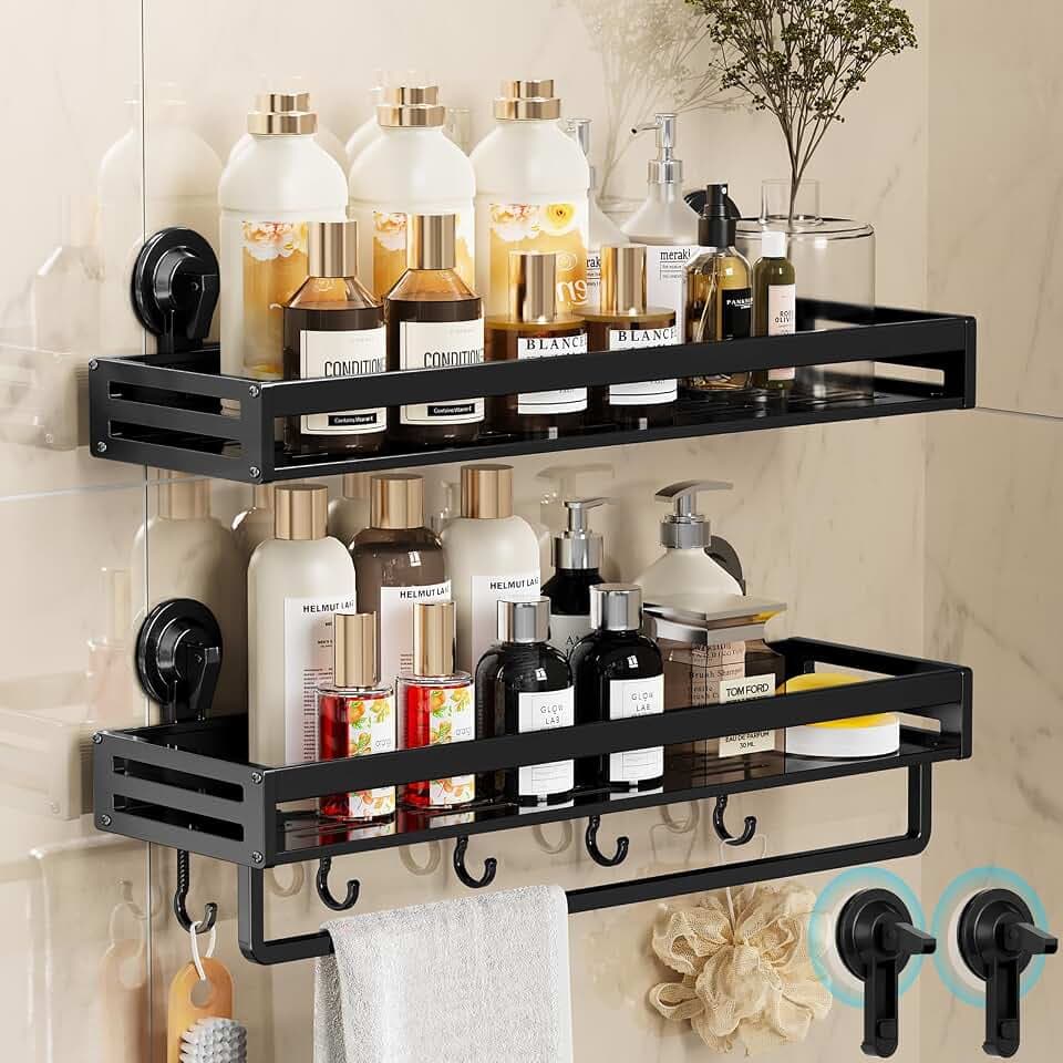 Suction Cup Shower Caddy with 5 Hooks & Towel Rrack 15.7inch Black