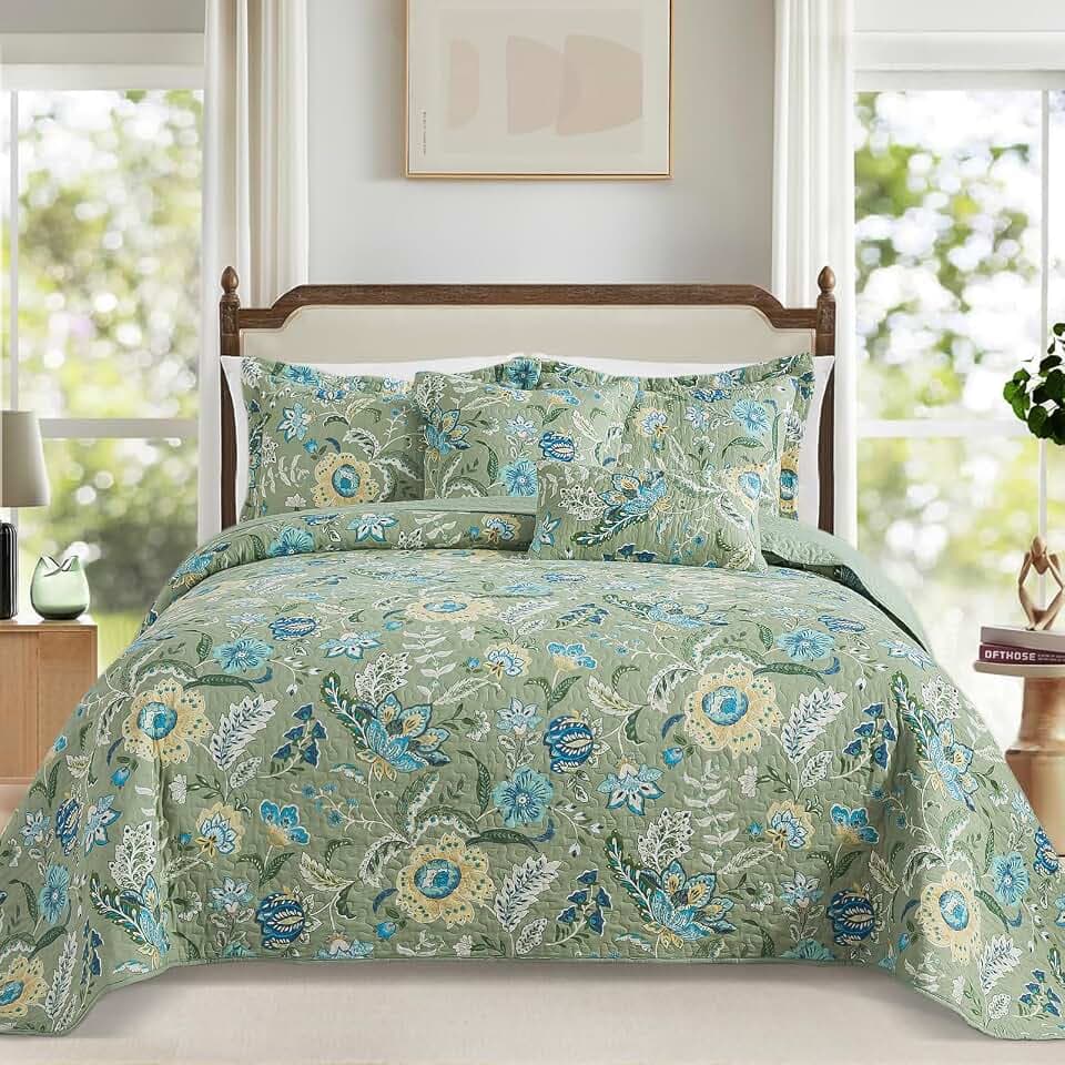 TWINRUN Queen Size Cotton Quilt Set Vintage Sage Green/Dusty Blue Bedspread