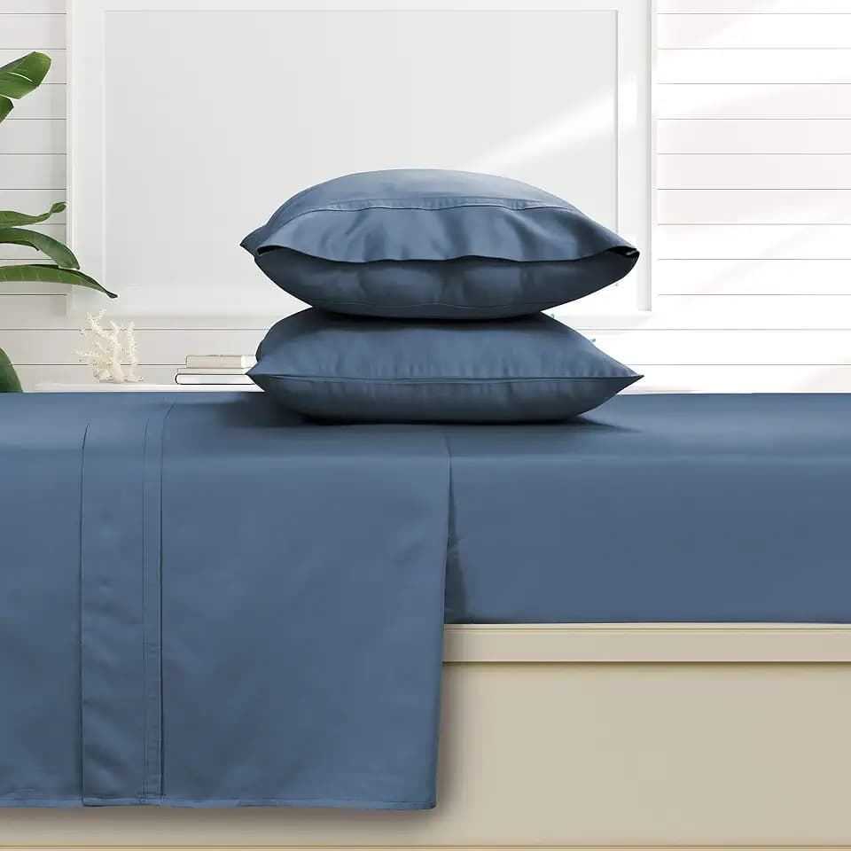 Tribeca Living Egyptian Cotton Sheets Cal King Size - 500 Thread Count Sateen Weave for Silky Softness - Deep Pocket Fitted Sheet Stays Secure on Thick Mattresses, 6-Piece Sheet Set in Midnight Blue