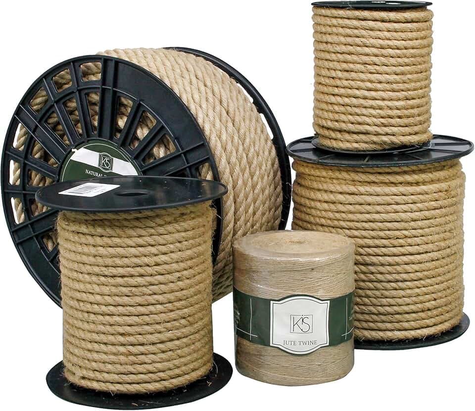 KIS Premium Quality Natural Jute Rope 6MM (1/4 Inch 60 FT), Smell Free, Crafts, Cat Scratching, Home Decor, Biodegradable, Hemp Sisal Manila, Crafts, Decoration, Camping, PET Friendly - Handmade DIY