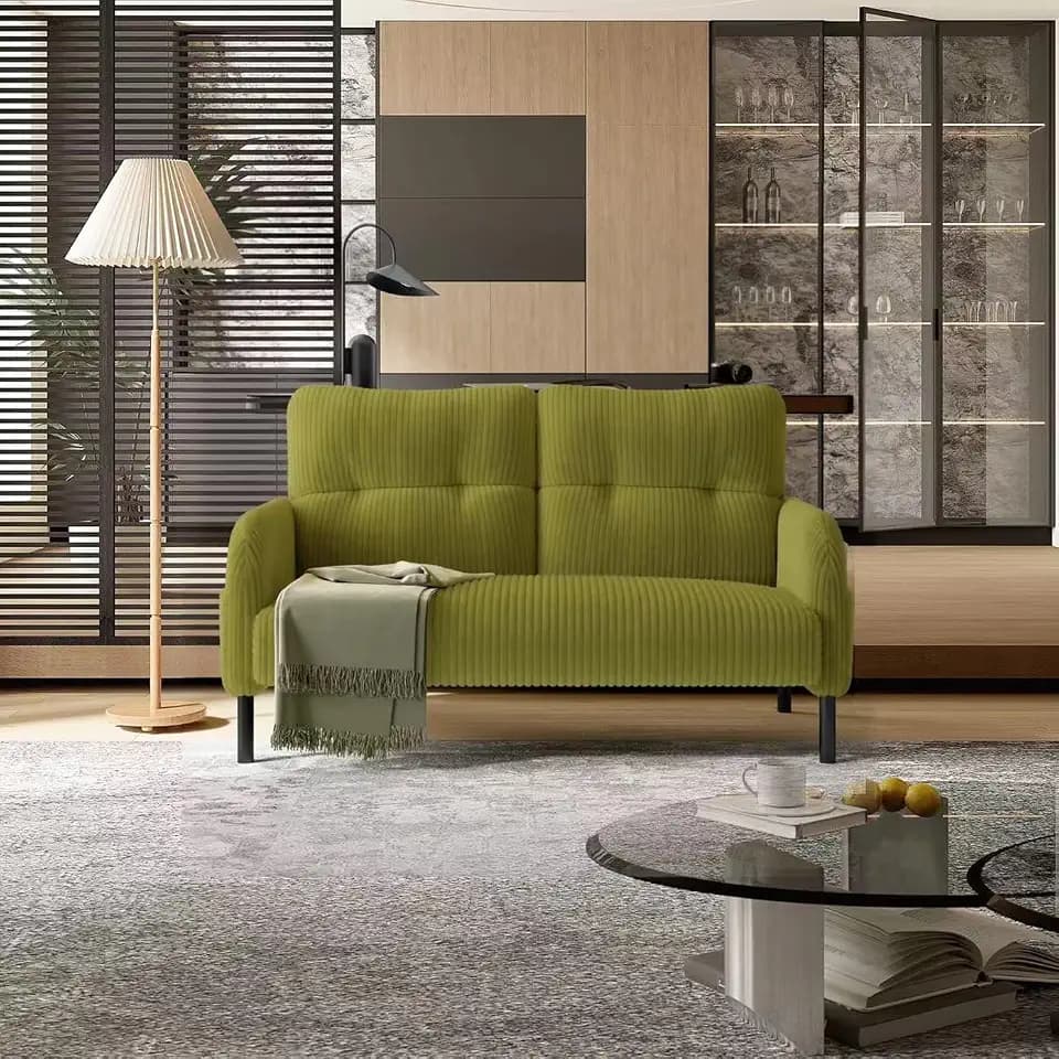 KEIKI 47" Corduroy Loveseat Sofa with Double Side Pockets & High Resilience Cushion, Modern Style Ergonomic Design Upholstery Oversized 2-Seater Couch, Easy Assembly, for Living Room, Olive Green