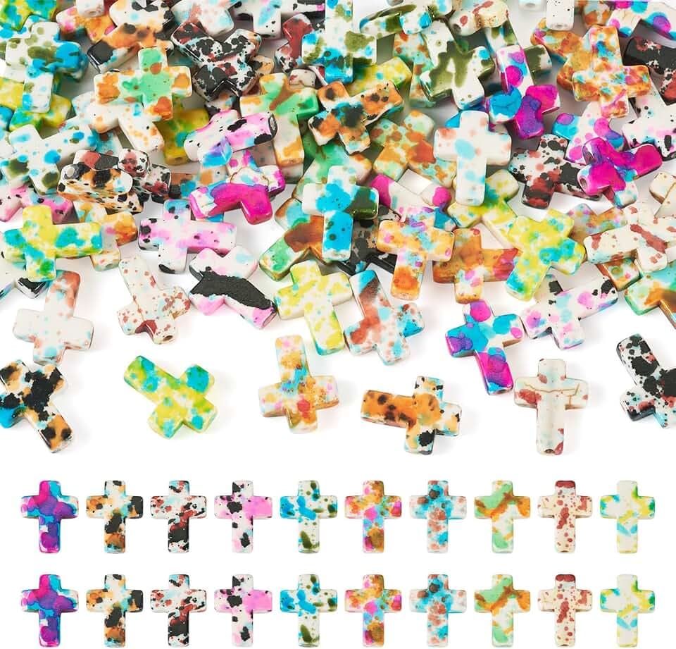 100 Pcs Turquoise Cross Beads Colorful Stone Cross Charms Synthetic Turquoise Stone Beads Easter Cross Crucifix Charms for Easter Holiday Bracelet Necklace Jewelry Making