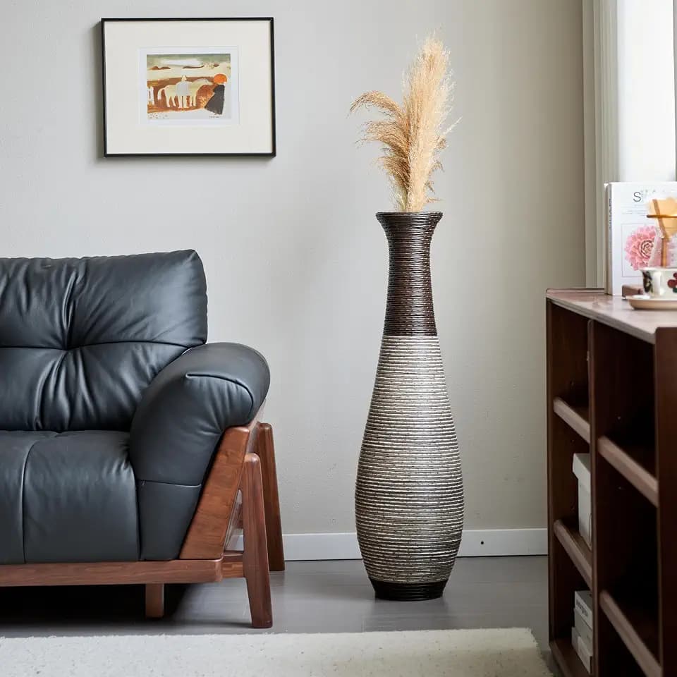 39.3" Tall Hand-Woven PVC Rattan Floor Vase, Brown Two-Tone Decorative Vase for Home Decor, Farmhouse Boho Coastal Style Statement Vase for Living Room Entryway Pampas Grass Display