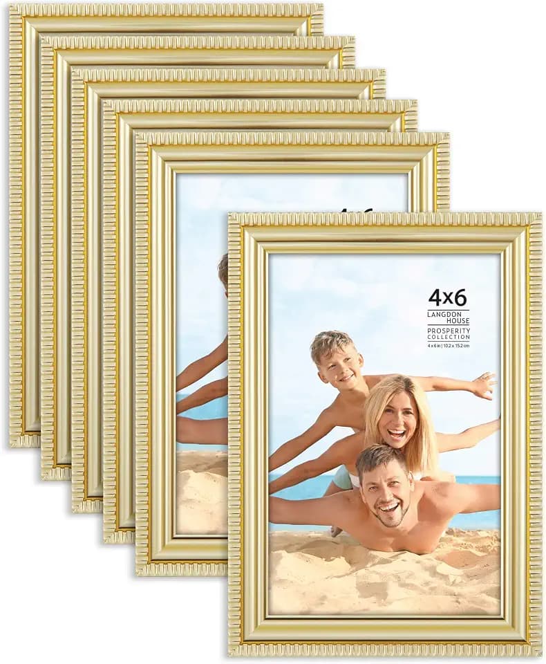 Langdon House 4x6 Picture Frames (Gold, 6 Pack), Contemporary Frame Set, Wall Mount or Table Top, Prosperity Collection