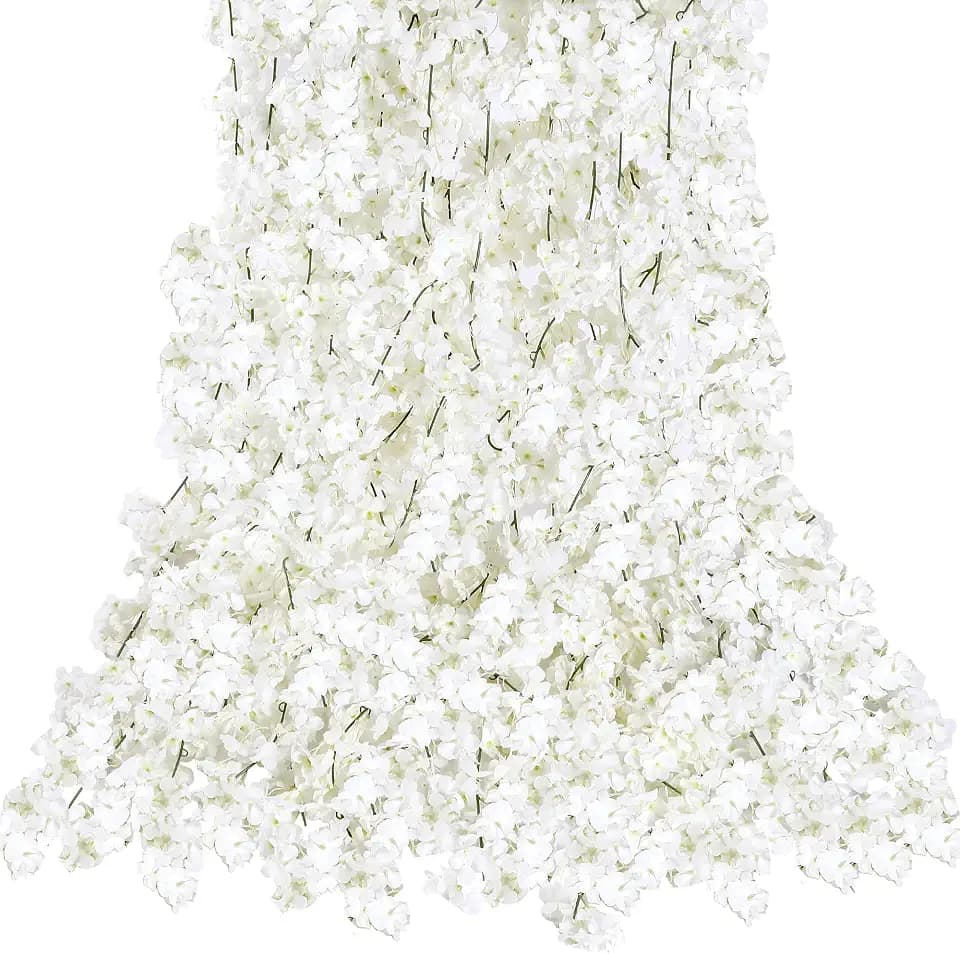 Sggvecsy Cherry Blossom Garland Artificial Cherry Flower Vines 6 Pack Hanging Silk Flowers Garland for Home Wedding Garden Party Arch Office Decor (White)