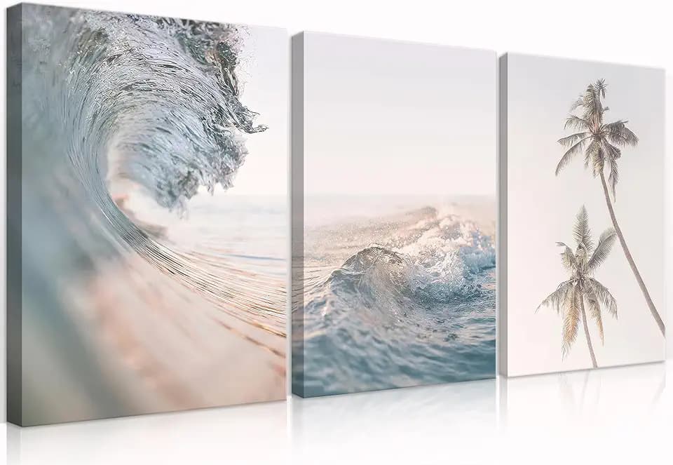 HDXUFJQ Beach Waves Canvas Wall Art Light Blue Palm Tree Picture Wall Decor Sea Wave Seawater Ocean Wave Art Prints Coastal Coconut Trees Neutral Blue Sea Seascape Wall Decor(12"x16")