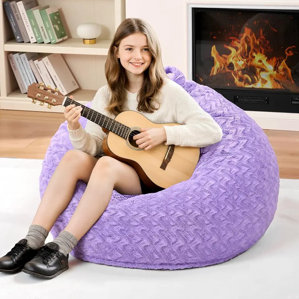 2FT Bean Bag Chair,Giant Bean Bag Chairs for Adults,Big Bean Bags with Memory Foam Filled, Large Beanbag Chairs with Chevron Plush Cover-Purple