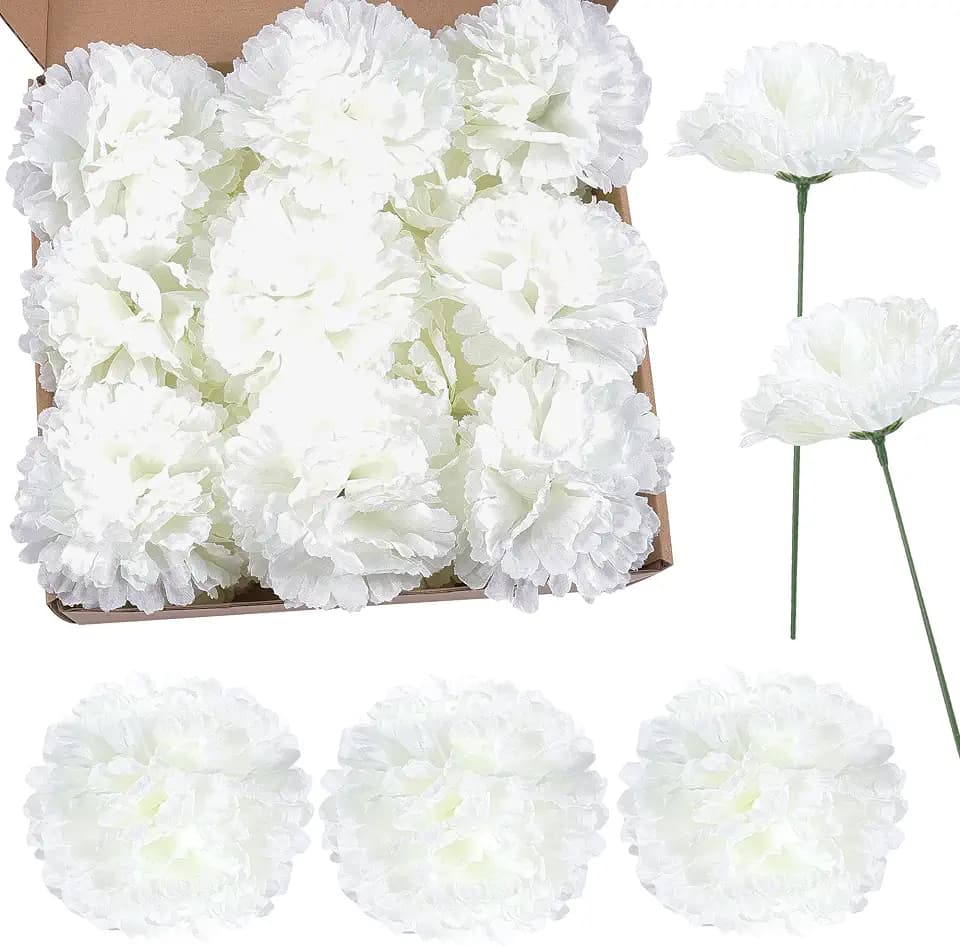50 Pack Artificial Silk Carnation Picks, Artificial Flowers Carnation Heads with Stems for DIY Flower Wall Wedding Bouquets Centerpieces Arrangements Decorations -white01