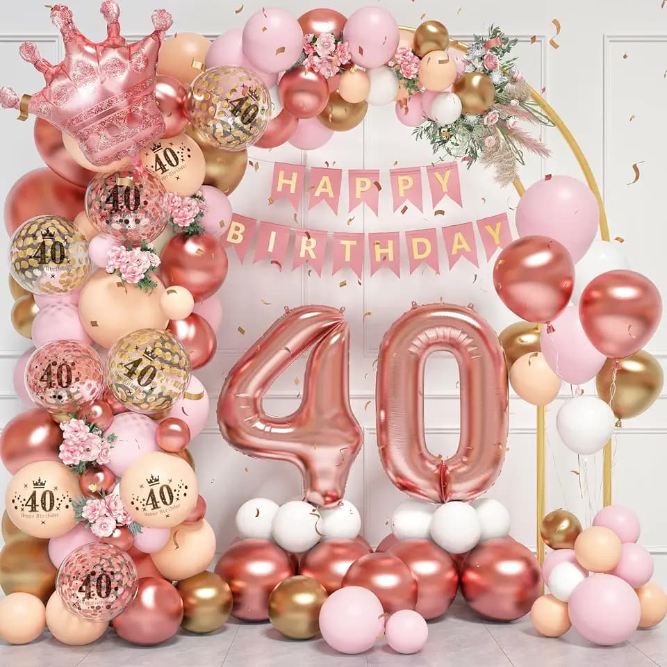 40th Birthday Balloons Garland Arch Kit,40th Party Decorations Rose Gold Pink for Women,with Number 40 Foil balloons,Happy Birthday Banner for 40 Years Old