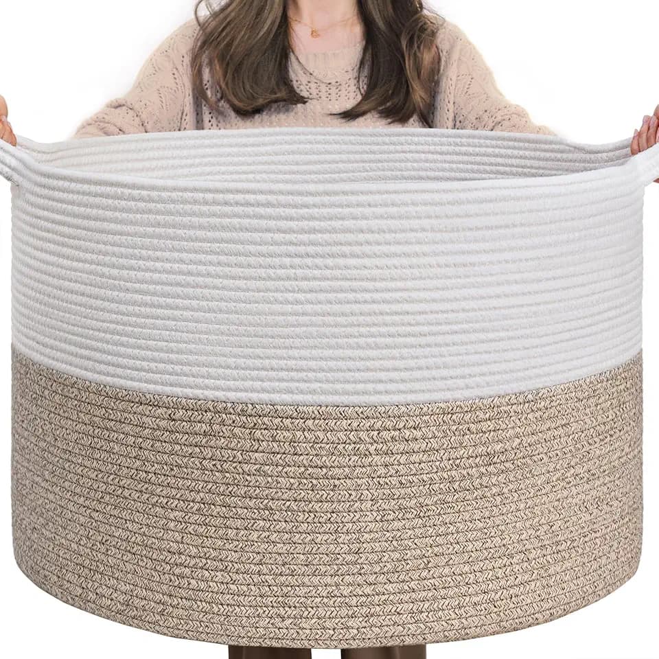 INDRESSME XXXLarge Woven Rope Blanket Basket Living Room Light Brown, 90L