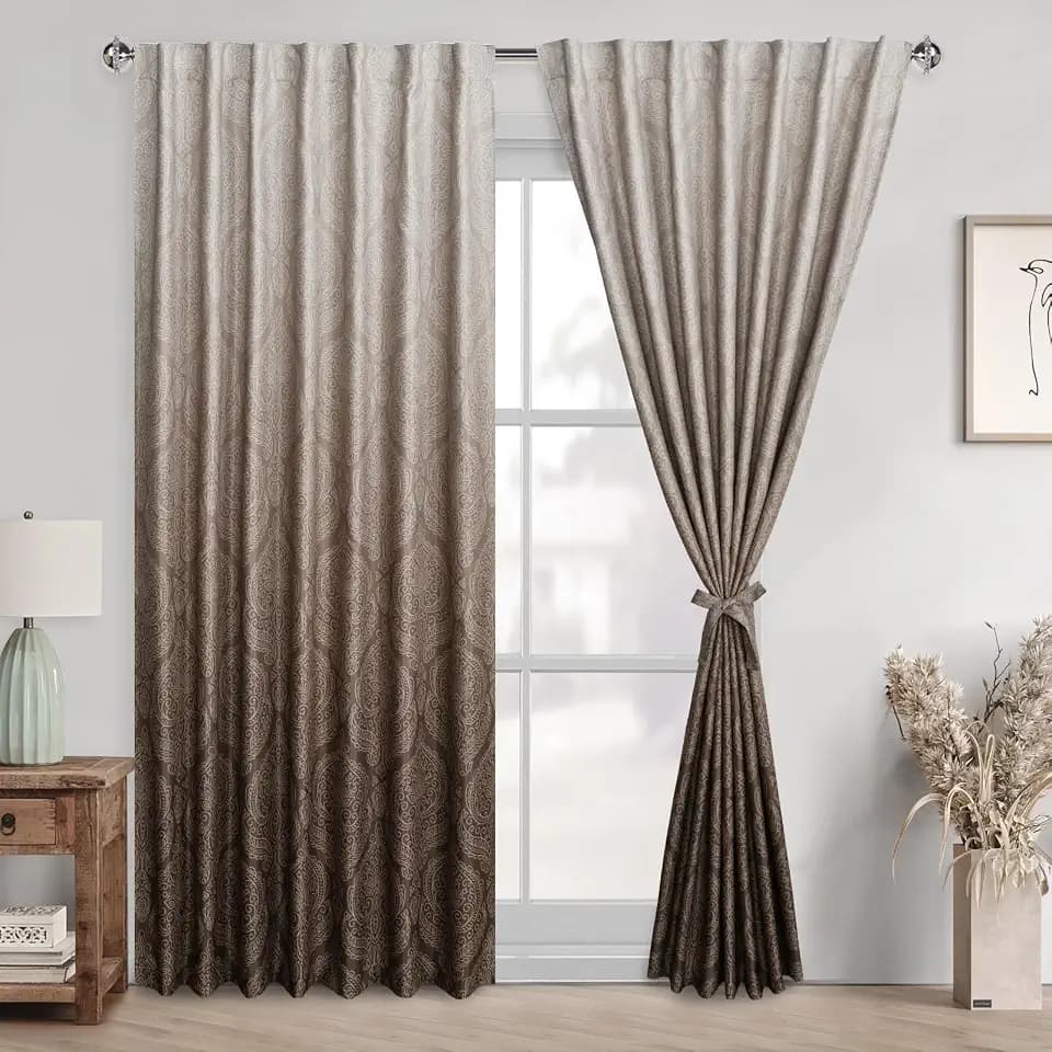 DWCN Damask Patterned Curtains 84 inches Length - Back Tab/Rod Pocket Room Darkening Window Drapes with Tiebacks Thermal Insulted Ombre Blackout Curtains for Bedroom, 2 Panels, W60 x L84, Brown