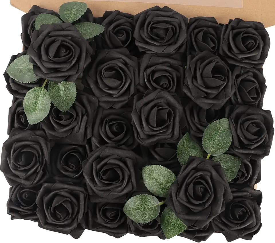 30PCS Black Artificial Flowers, Fake Roses for Halloween Decorations