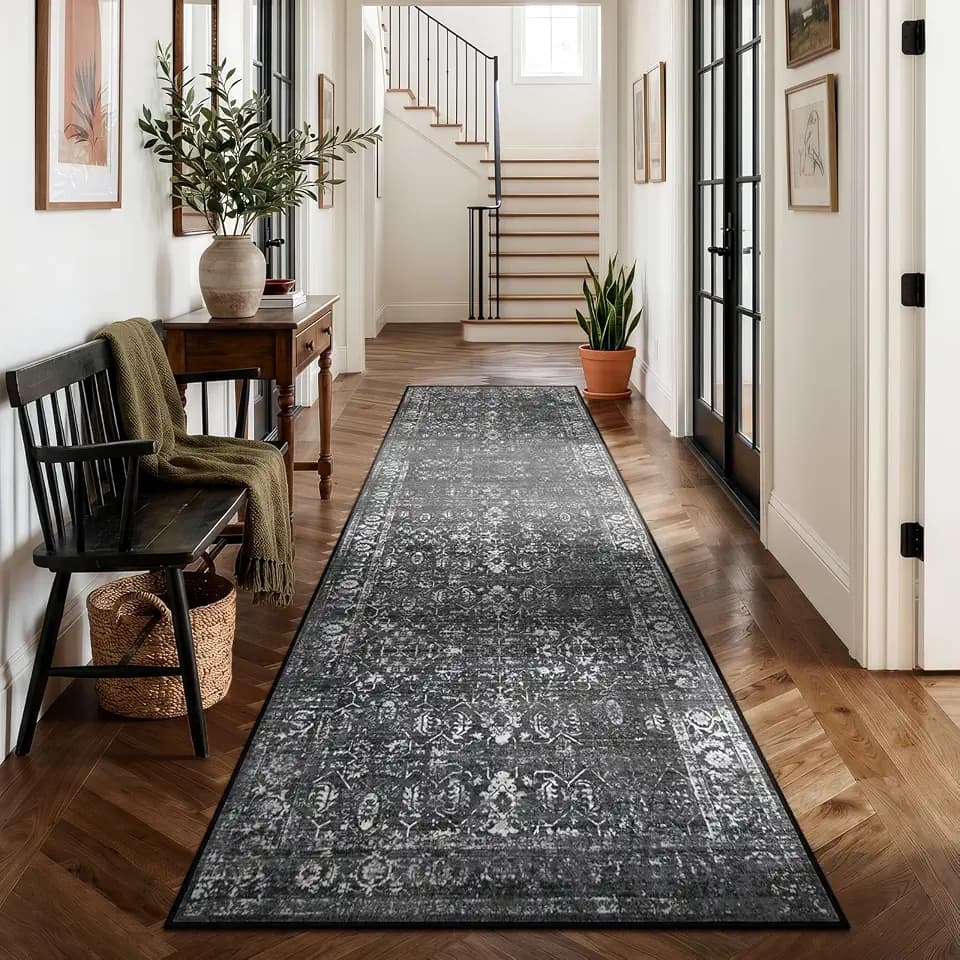 Morebes Black Vintage Runners for Hallways 10 Foot Non Slip, Washable Distressed Non Skid Kitchen Runner Rug Indoor Long Carpet for Hall Foyer Entryway Bathroom Entrance Playroom