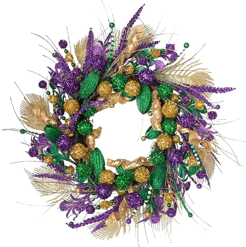 idyllic Mardi Gras Glitter Wreath, Purple Green Gold Decor for Front Door Window Porch Living Room Mantel Indoor Outdoor Festival Home Party Decor
