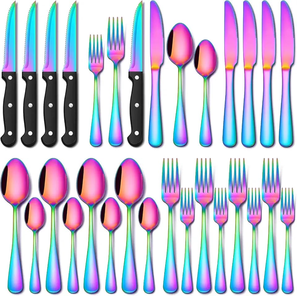 EUIRIO 24 Piece Rainbow Silverware Set with Steak Knives Stainless Steel Flatware Set for 4 Cutlery Utensil Set Includes Knife Mirror Polished Dishwasher Safe for Home Restaurant
