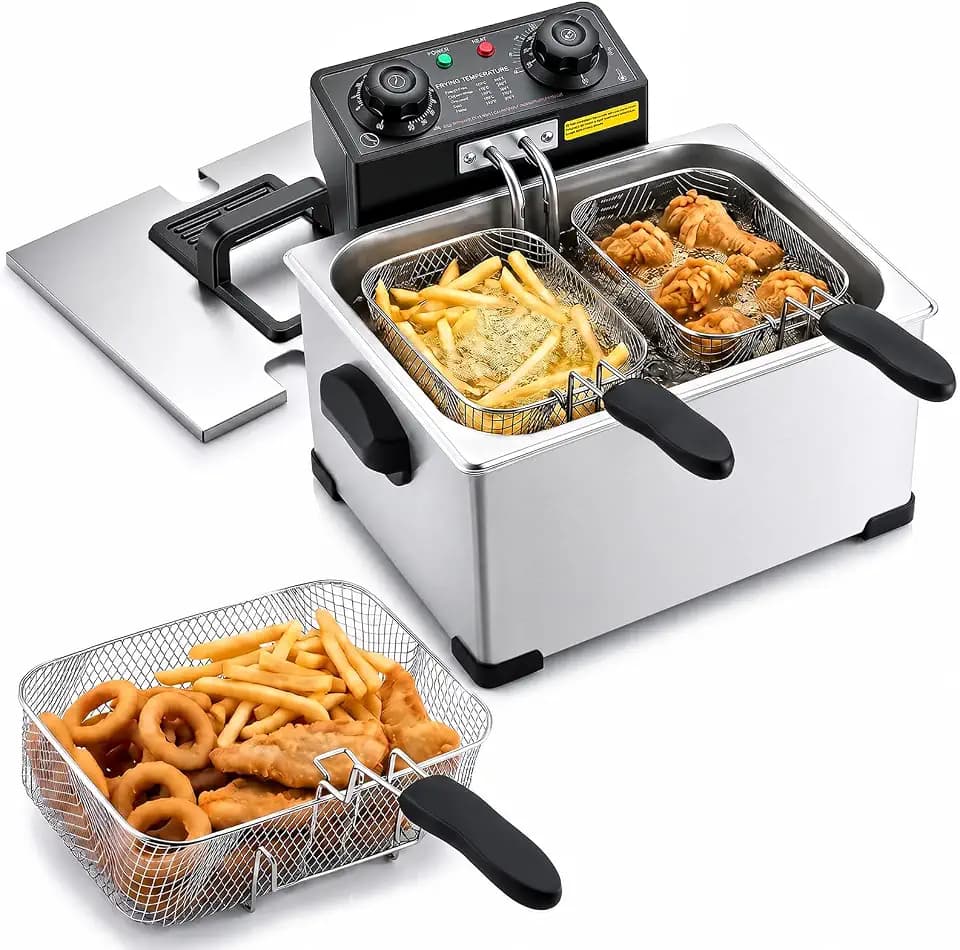 VEVOR Commercial Deep Fryer, Stainless Steel Countertop Fryer with Baskets & Lids, Temp Control, Overheat Protection, for Commercial Restaurant, Single Fryer-9.5Qt