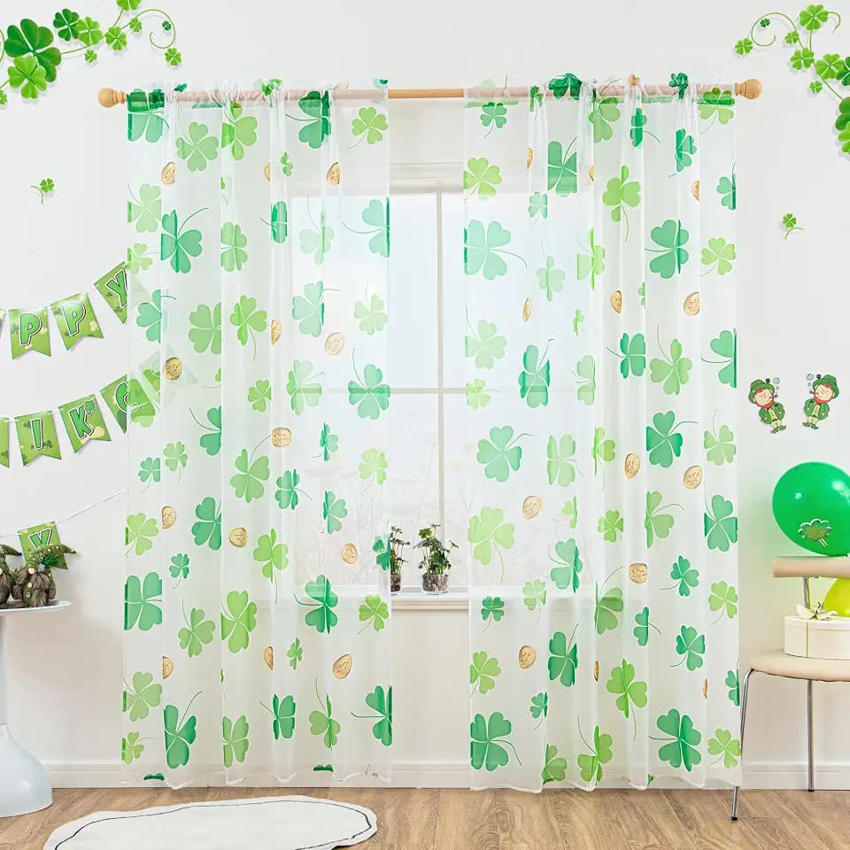St. Patrick's Day Sheer Curtains for Living Room, Shamrock Clover Sheer Curtain, Rod Pocket Window Drapes Decorations for Bedroom and Home Decor, 2 Panels Green 52W x 84L