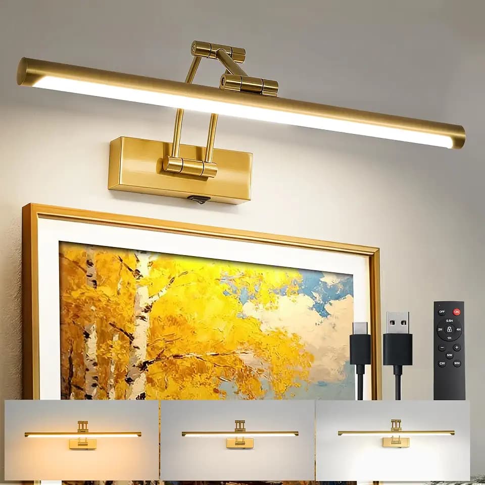 ZitoStory Picture Lights for Wall Battery Operated, 24in Rechargeable Wireless Art Light for Paintings with Remote, Dimmable Brass Gold Gallery Light