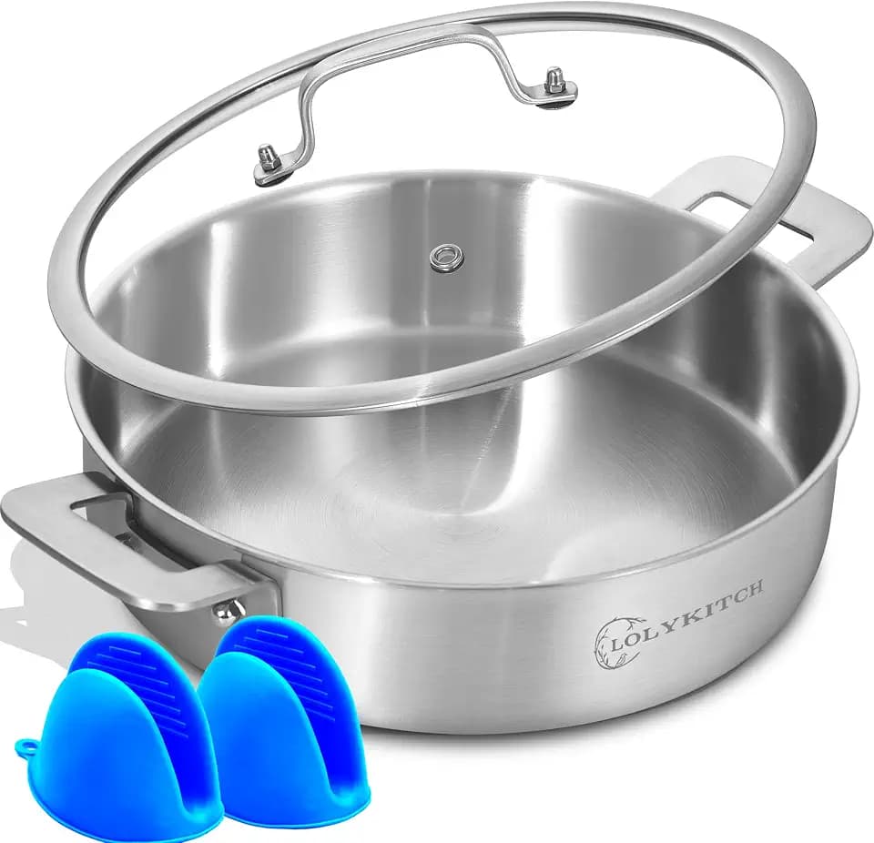 6-Quart Tri-Ply Stainless Steel Saute Pan wih Lid, 12 Inch Deep Frying Pan