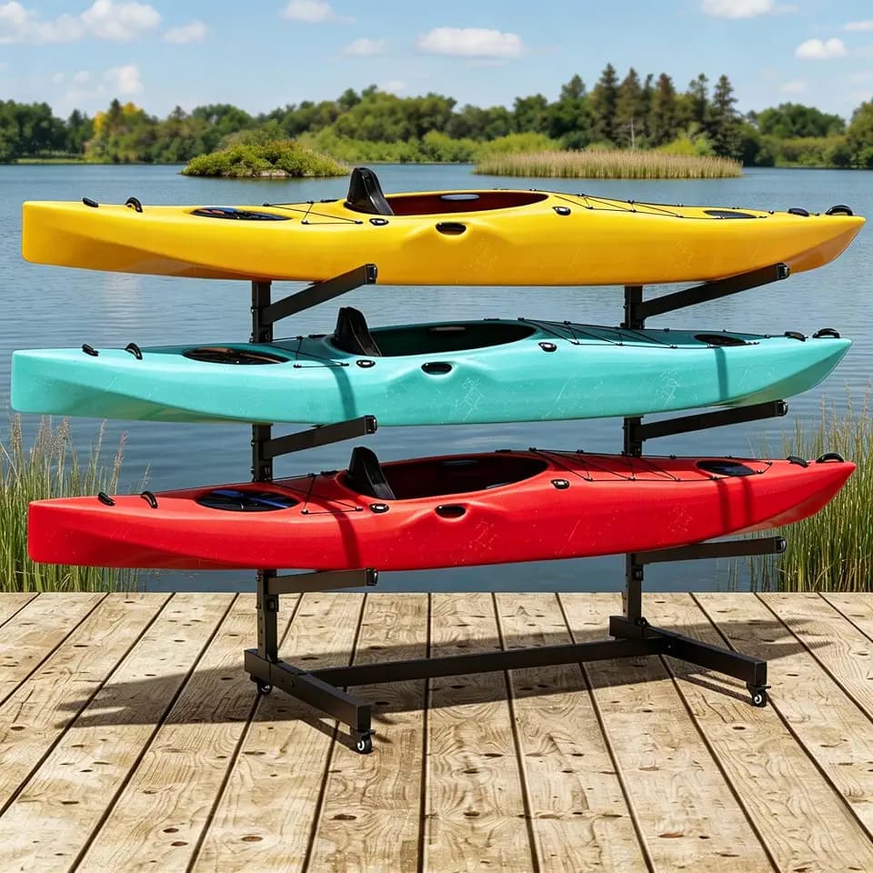 Baotree Heavy Duty Freestanding Kayak Storage Rack, Adjustable Metal Stand for 3 Kayaks, Canoes, SUPs, Paddleboards & Surfboards with Lockable Wheels, Indoor & Outdoor Use