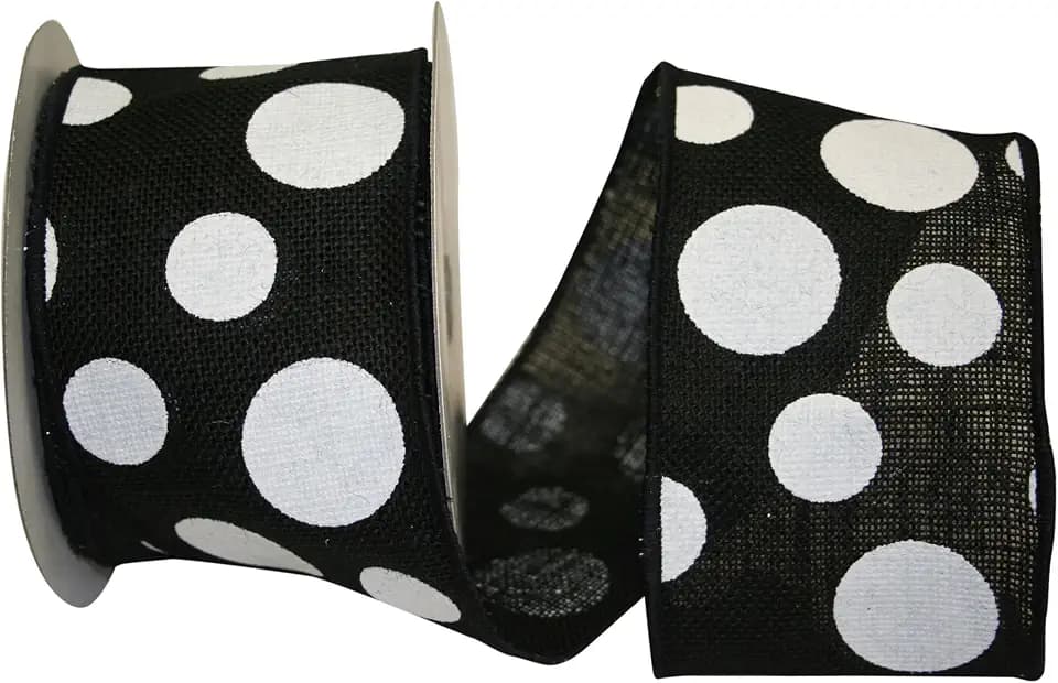 Reliant Ribbon Burlap Dot Grand Wired Edge Ribbon, 4 Inch X 10 Yards, Black/white