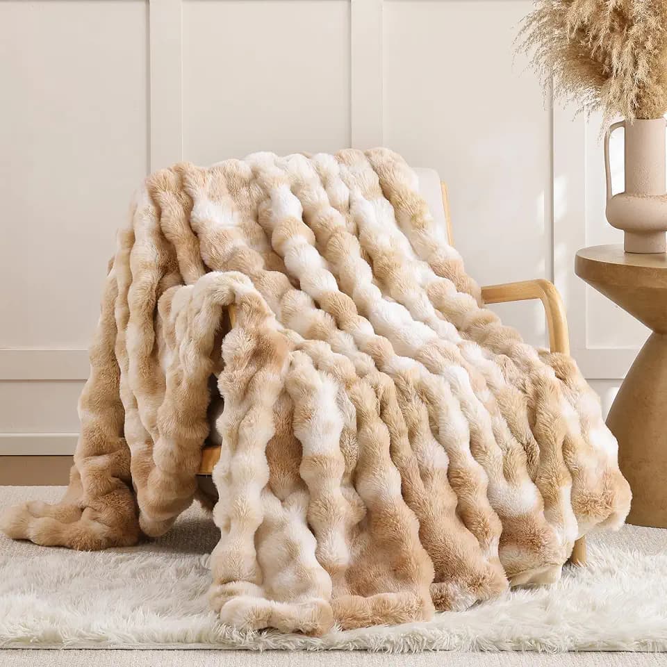 Smoofy Faux Fur Throw for Couch - Tie-dye Camel Bubble Blanket 50"x60"
