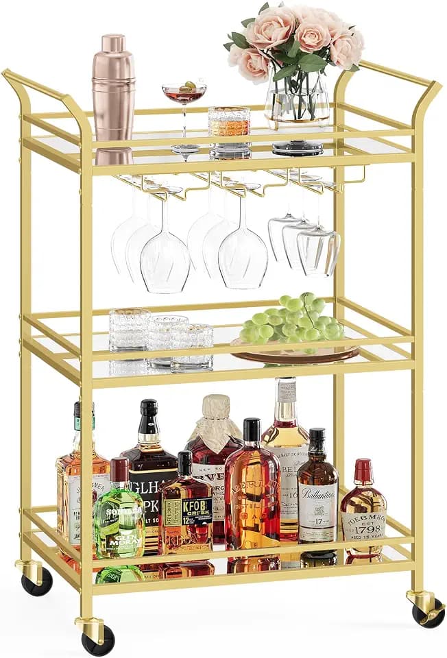 VASAGLE Bar Cart Gold, Large Home Bar Serving Cart with 3-Tier