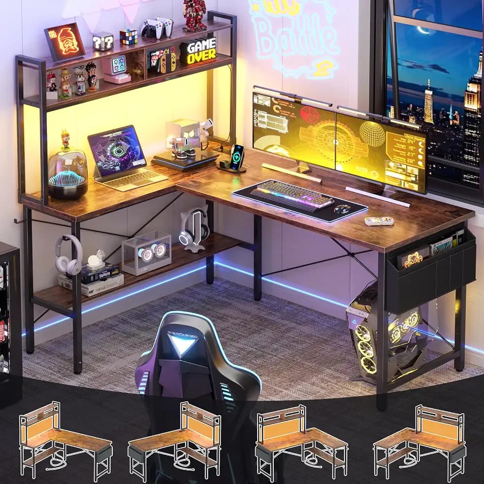 Aheaplus 59" L Shaped Desk Gaming Desk with LED Light & Power Outlet