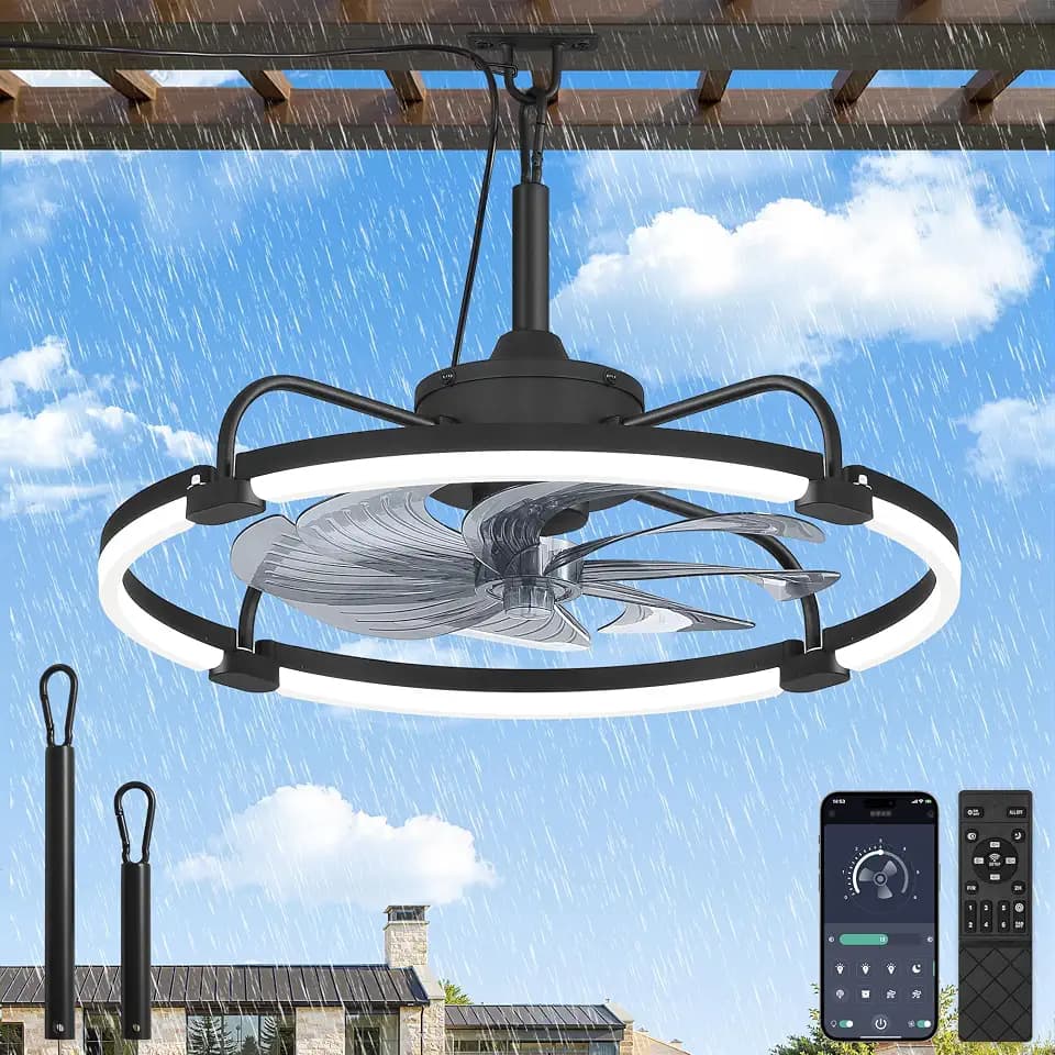 LEDIARY 24" Waterproof Black Outdoor Ceiling Fan with Light for Gazebo