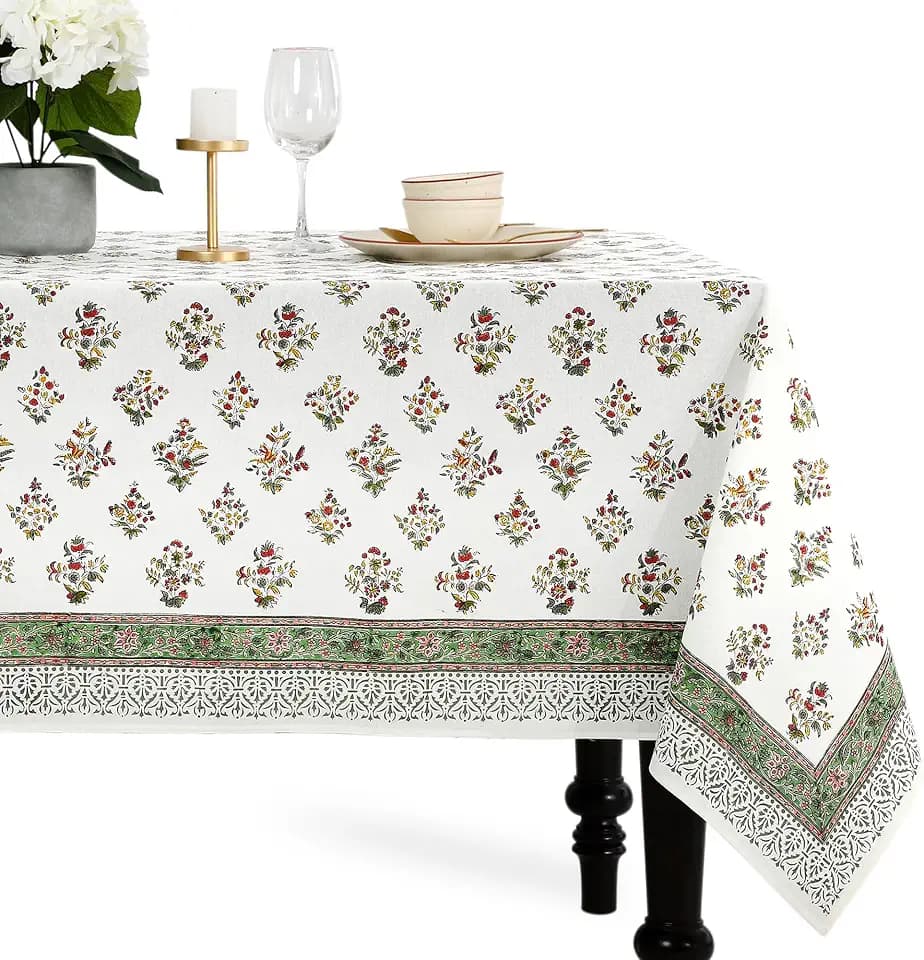 CPC Fall Green Block Print 100% Cotton Rectangle Tablecloth 70x108 Inch