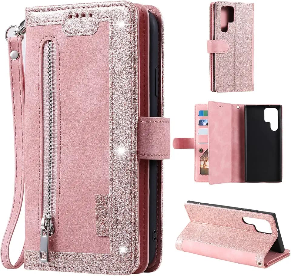 EYZUTAK Schutzhülle für Samsung Galaxy S22 Ultra 5G, Retro, matt, 9 Kartenfächer, Reißverschlussfach, PU-Leder, Magnetverschluss, Ständer mit Handschlaufe, Folio-Klapphülle – Roségold