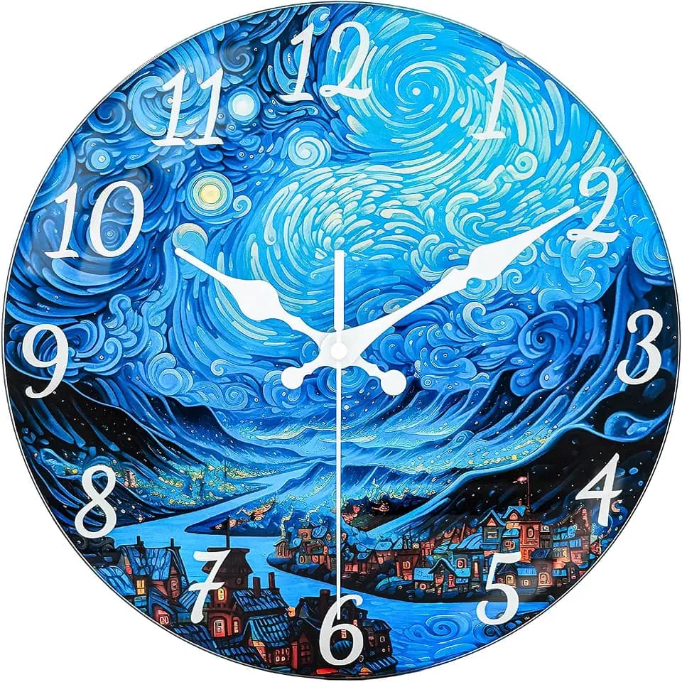 Blue Glass Wall Clock Battery Operated, 8 Inch Non Ticking Analog Clock with Van Gogh Starry Sky Design, Silent Wall Clocks for Living Room Bedroom Office Kitchen Gym Bathroom Decor