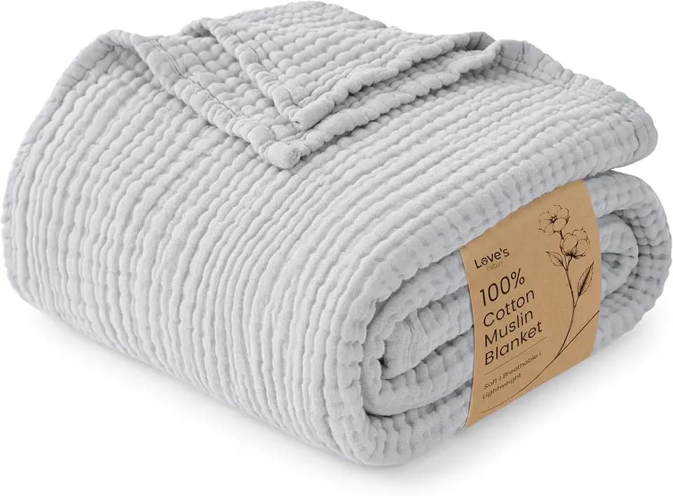 Love's cabin 100% Cotton Muslin Blanket, 6 Layer Lightweight Breathable Gauze King Size Blanket 108 x 90 Inches, Soft Summer Blanket for Bed, Light Grey