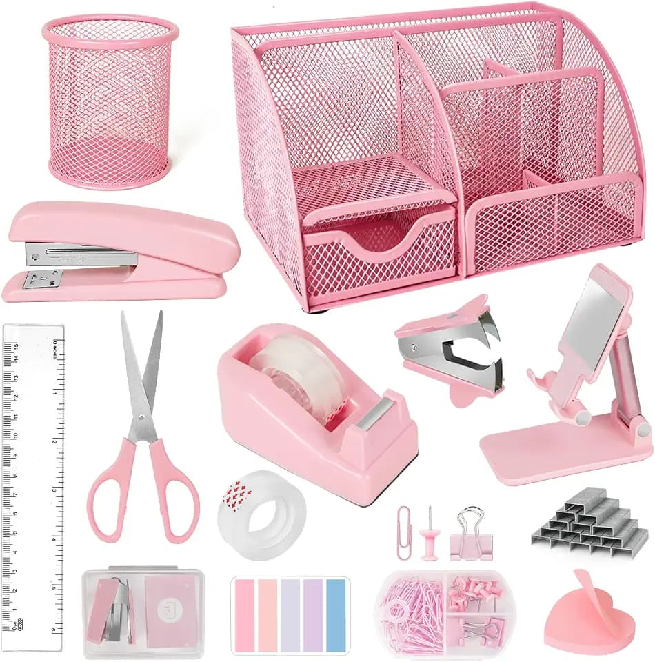 Desk Organizers and Accessories, Office Supplies 15PS Set with Stapler, Staple Remover, Pen Holder, Clips Set, Tape Dispenser, Tape, Phone Holder, 1000 Staples, Ruler, Scissors (Pink)