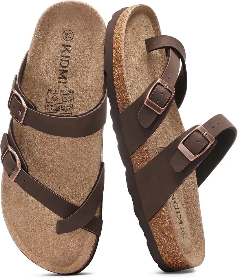 KIDMI Women's Cork Footbed Sandals with Toe Loop Comfortable Slip On Slides