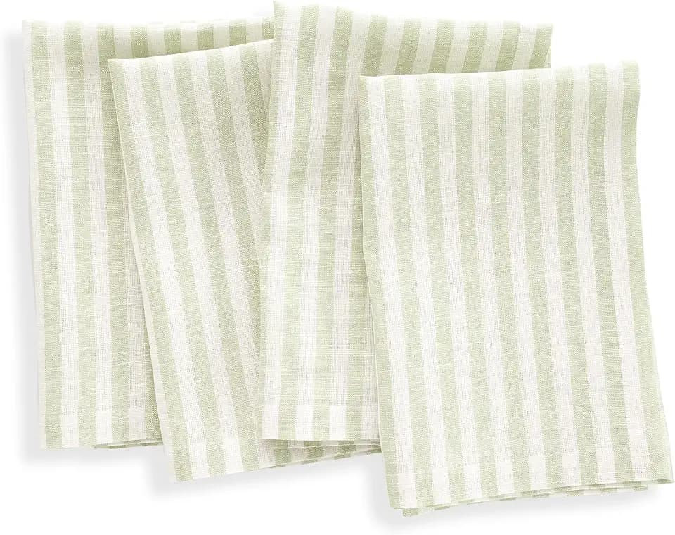 Solino Home 100% Linen Napkins, 20 x 20 in, Sage and White Stripe, Set of 4
