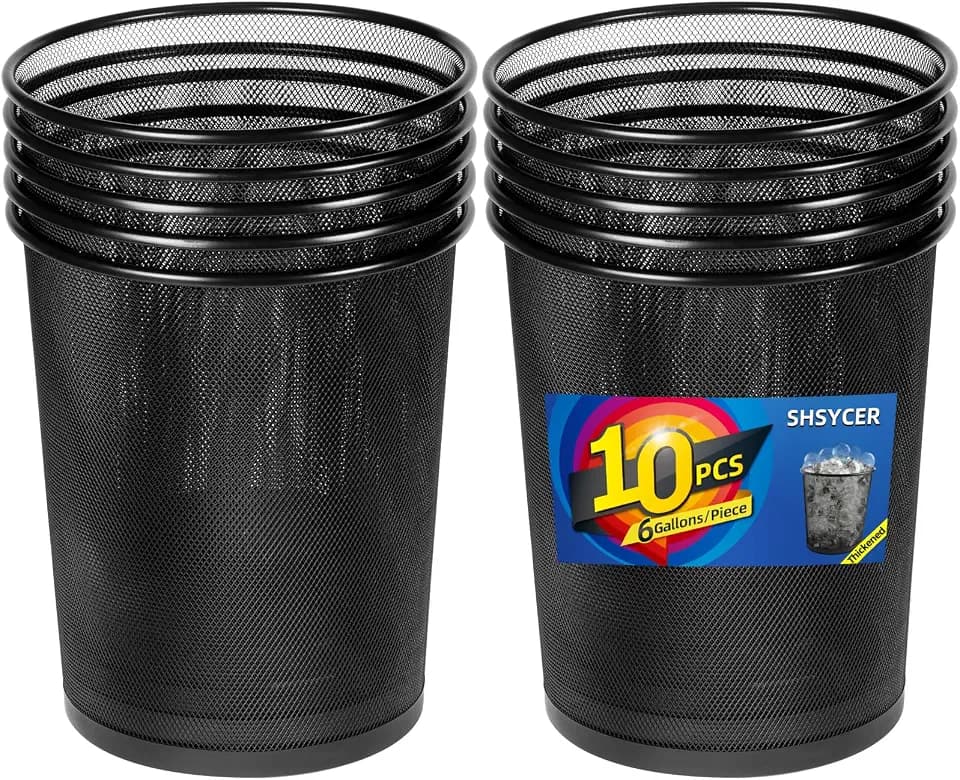 10-Pack Black Mesh Trash Cans, 6 Gal Mesh Office Trash Can, Open Metal Wire Wastebaskets, Waste Basket Trash Can for Near Desk,Recycling Garbage Container Bin for Office,Home,School