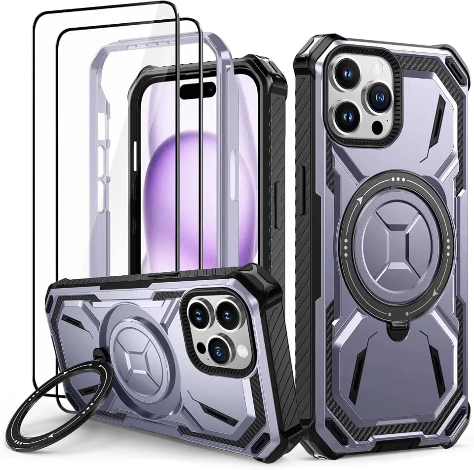 Lanhiem für iPhone 15 Pro Hülle, 360° Ring Ständer, Stoßfest Armor, Lila | mit 2 Stück Schutzfolie, Robust Bumper Schutzhülle, Militärischer Panzerhülle, Kratzfest Handyhülle für iPhone 15 Pro Case