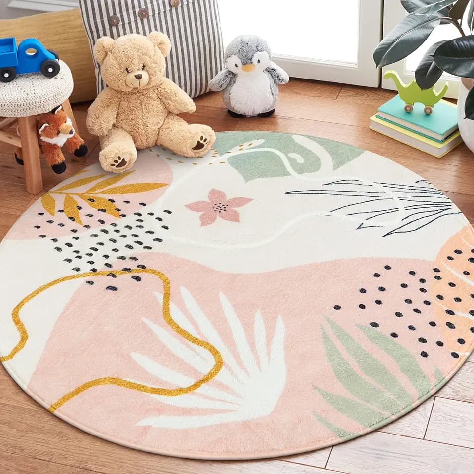 Lahome Pink Round Rugs 5Ft - Washable Boho Large Round Area Rug for Living Room Non-Slip Throw Ultra- Thin Circle Rugs for Bedroom Nursery, Cute Soft Botanical Print Round Carpet for Classroom Office