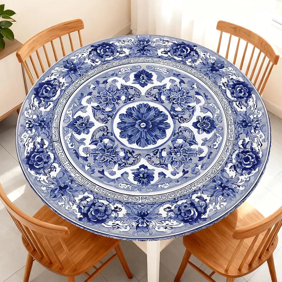 Round Fitted Tablecloth with Elastic Edge Fits 53"-60" Round Tables