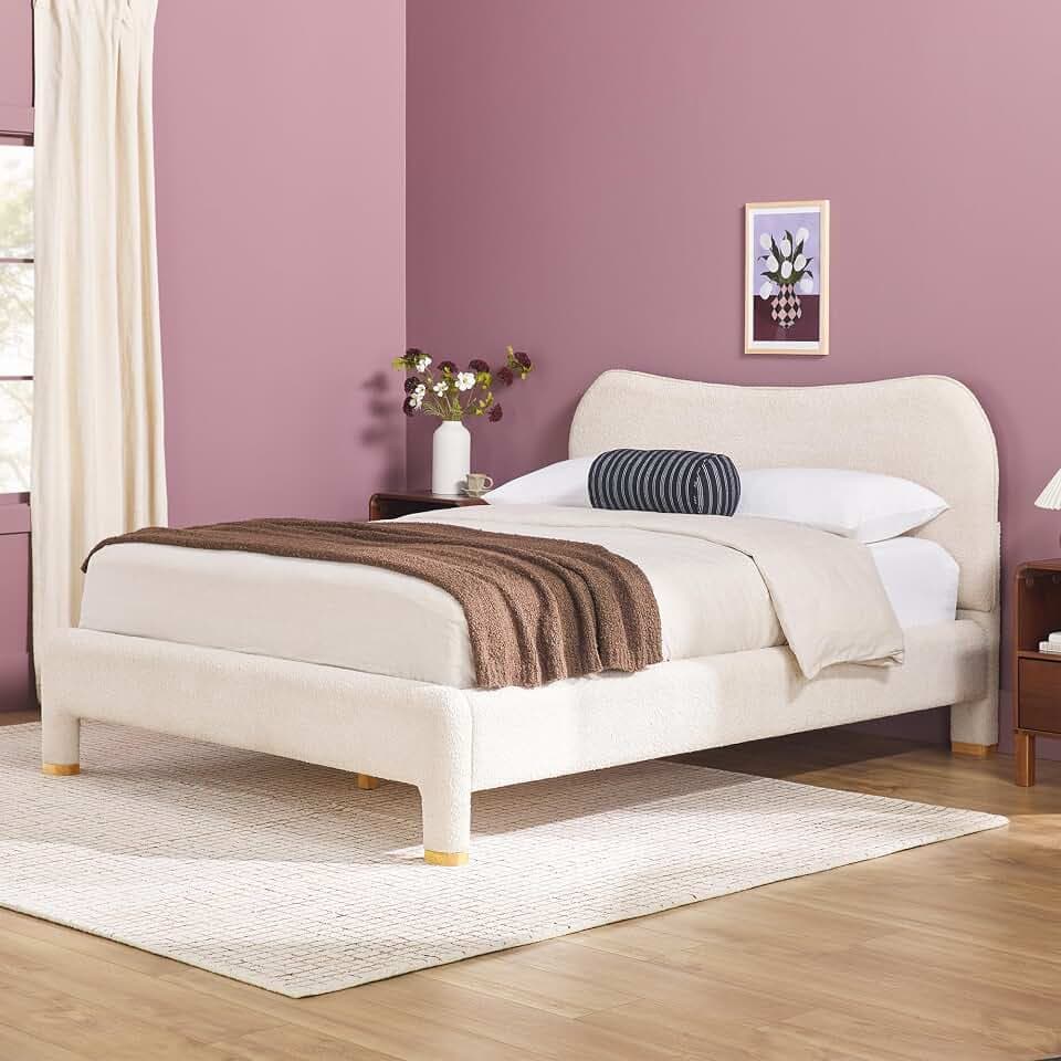 Walker Edison Chantelle Modern Curved Upholstered King Bed, King Size, Ivory Boucle