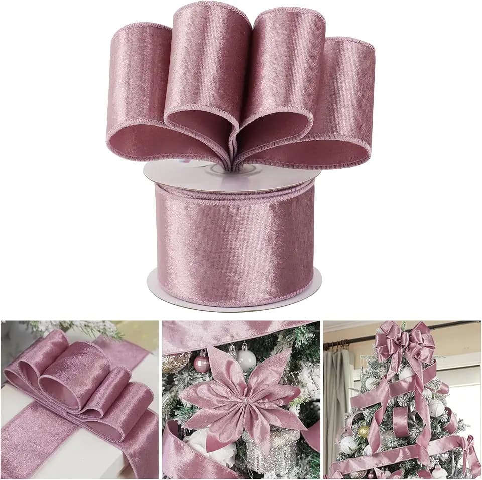 AIMUDI Dusty Pink Velvet Wired Ribbon 2.5 Inch Mauve Christmas Ribbon for Christmas Tree, Wreaths, Swags, Gift Wrapping, Garland, Holiday Crafts, Topper Bows - 10 Yards