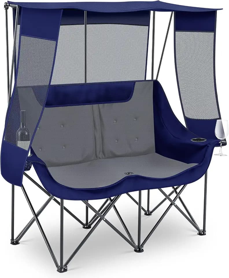 Teenyyou Double Camping Chair with Canopy 660lbs Heavy Duty, Blue and Grey