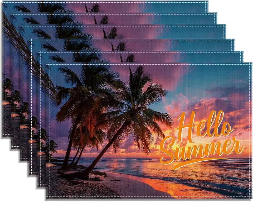 Tropical Palm Tree Sunset Placemats Set of 6, Summer Beach Linen Place Mats Washable Stain Resistant Table Mats for Home Party Kitchen Dining, 12x18 Inch