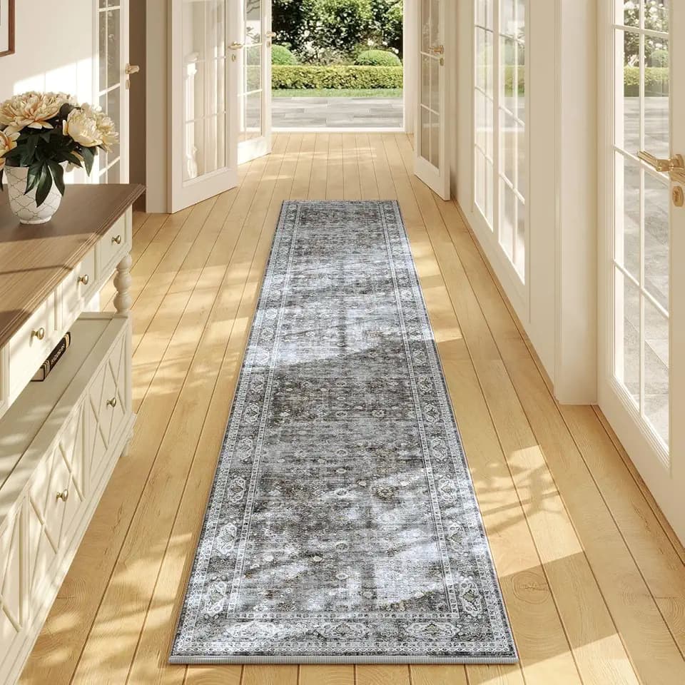 Rugcomf Runner Rug 2'7"x12' Washable Vintage Non Slip, Grey