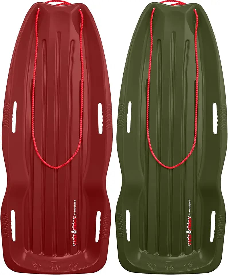 Retrospec Retrorider Plastic Snow Sled – Toboggan Style with Pull Rope, Cold-Resistant Coating, and Hard Bottom for Smooth Downhill Rides – Available for Kids and Adults