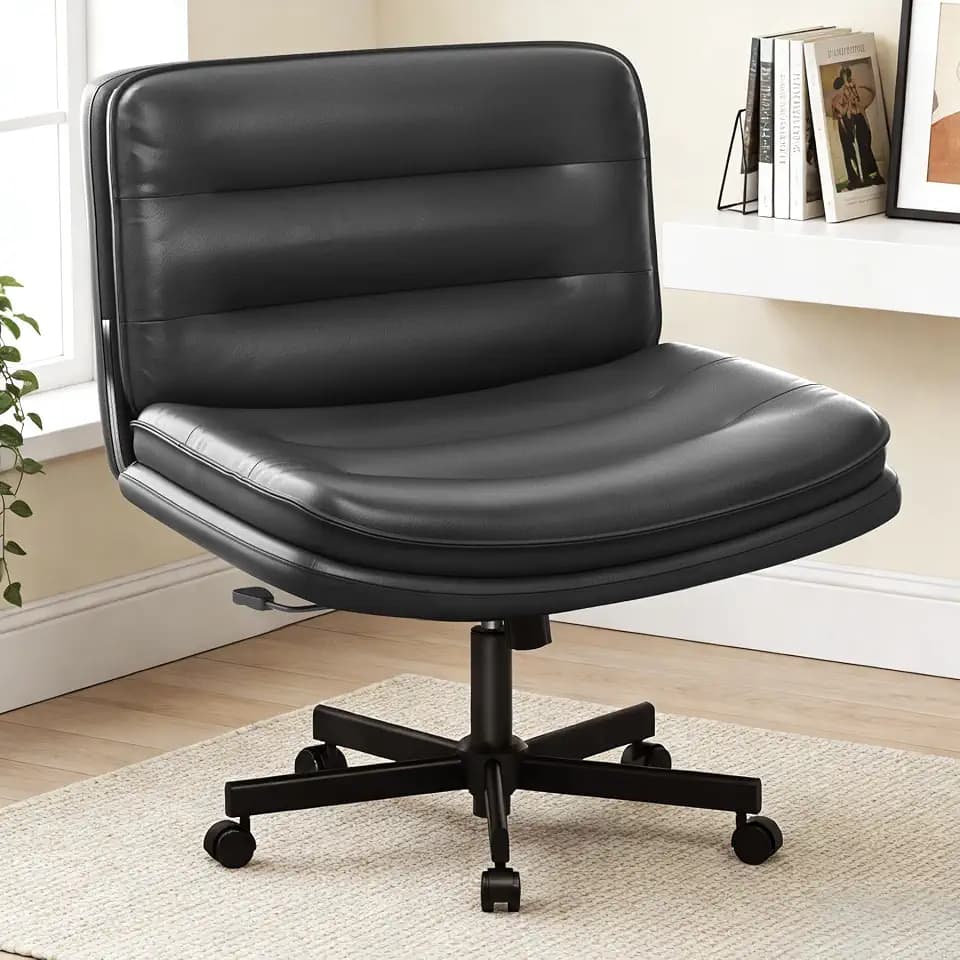 COMHOMA Cross Legged Office Chair with Wheels Armless Office Desk Chair, Modern Vanity Computer Task Chairs for Home Bedroom, Comfortable Wide Seat for Lower Back Pain Relief, PU Leahter, Black