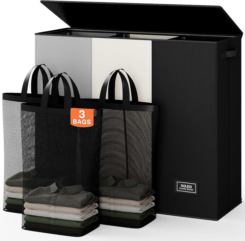 SOLEDI Laundry Hamper 3 section with lid and 3 Pcs Bag, Large Hamper 3 compartment 180L, Laundry Basket Laundry sorter Clothes hamper for Laundryroom Bedroom Blanket Storage Organizer
