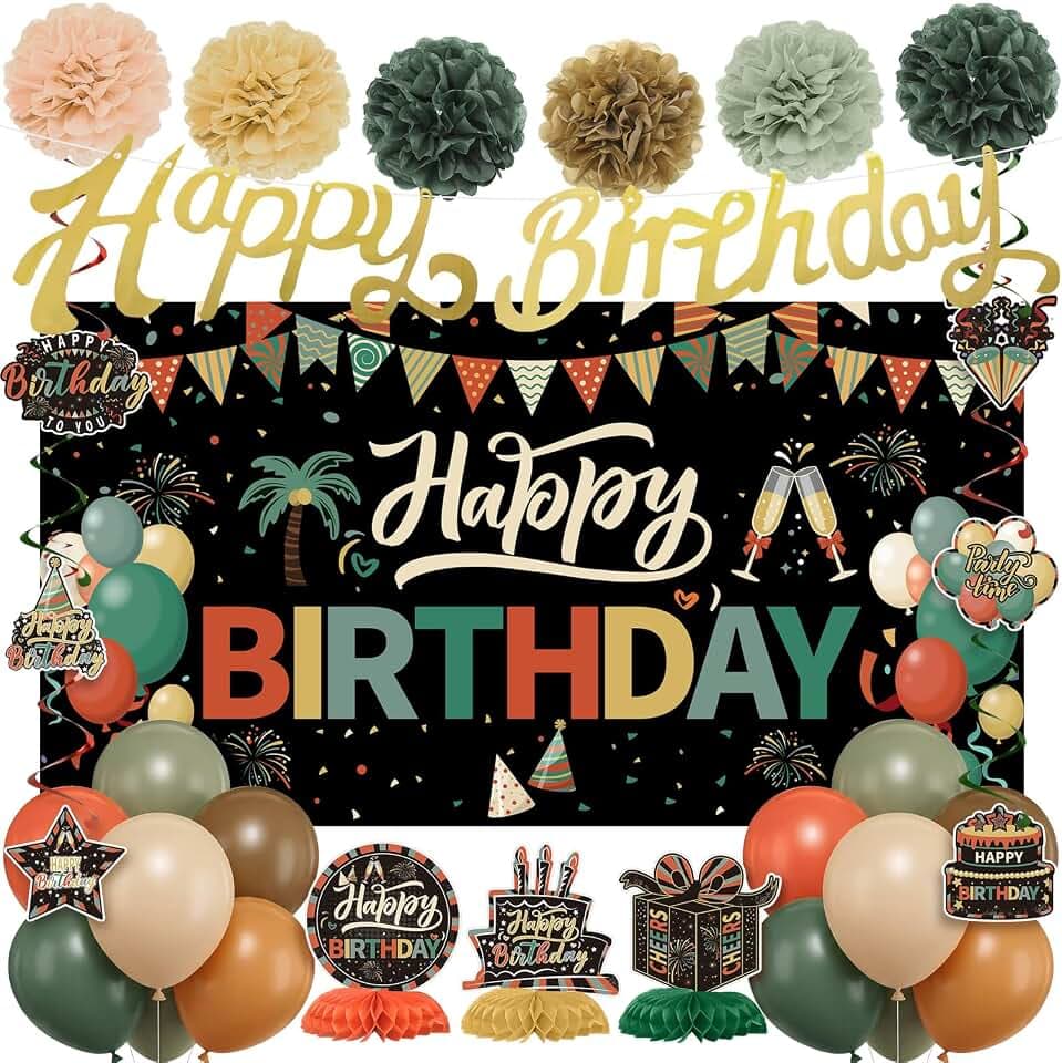 Gemscream Vintage Happy Birthday Party Decorations for Men Women Set, Include Colorful Backdrop Banner Honeycomb Centerpieces Balloons Hanging Swirls Happy Birthday Party Decor Supplies